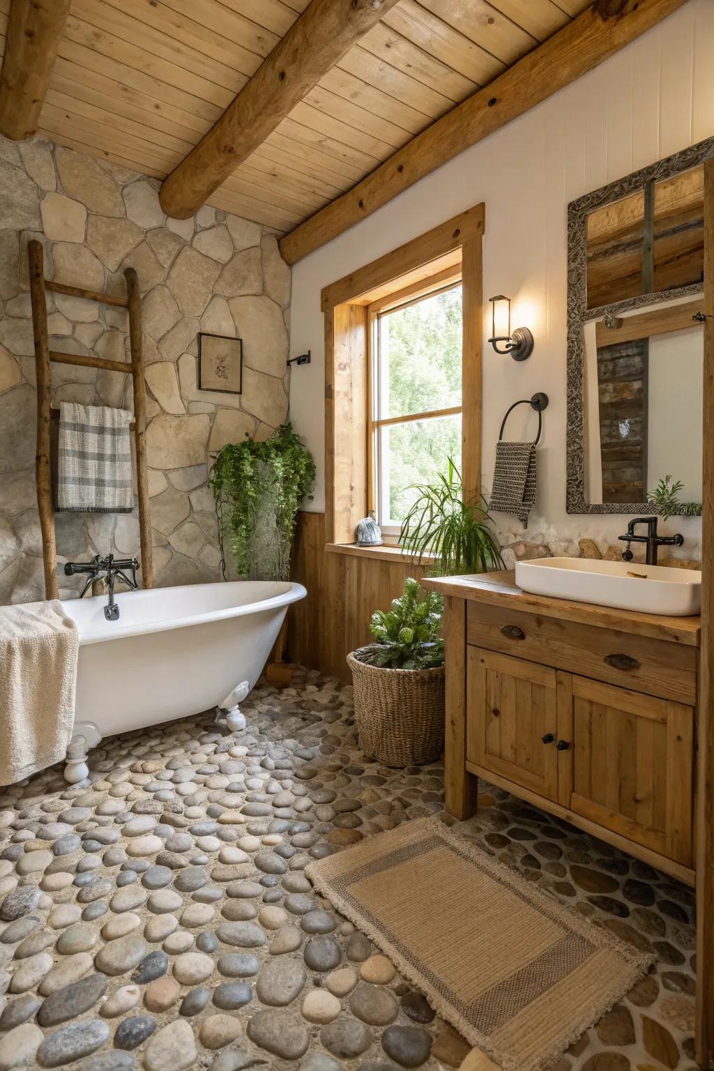 Small stone tile flooring introduces an organic element to any bathroom.
