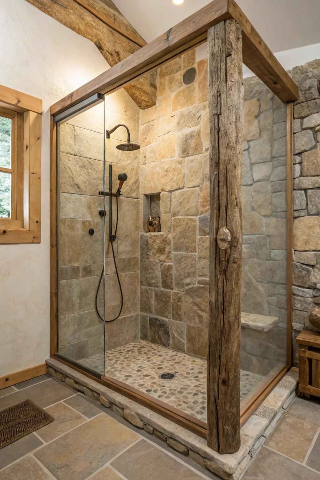 Glass surrounds offer a modern accent, showcasing the rustic tiling.