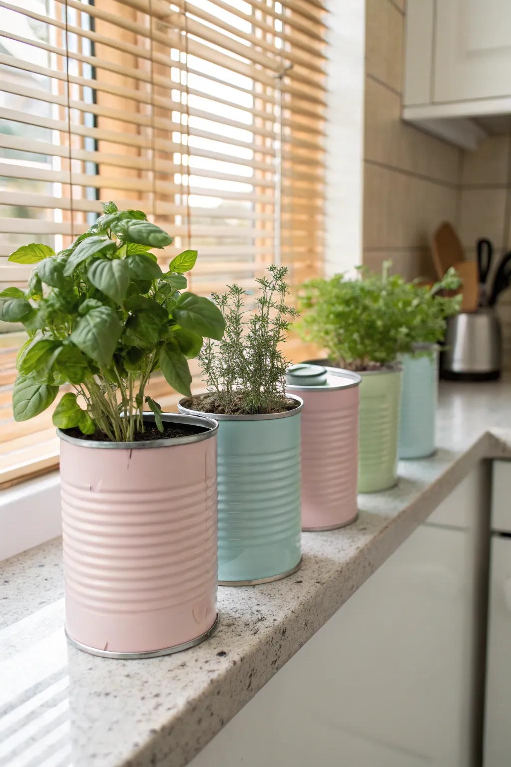 Reused metal receptacles deliver a countryside and sustainable preference.