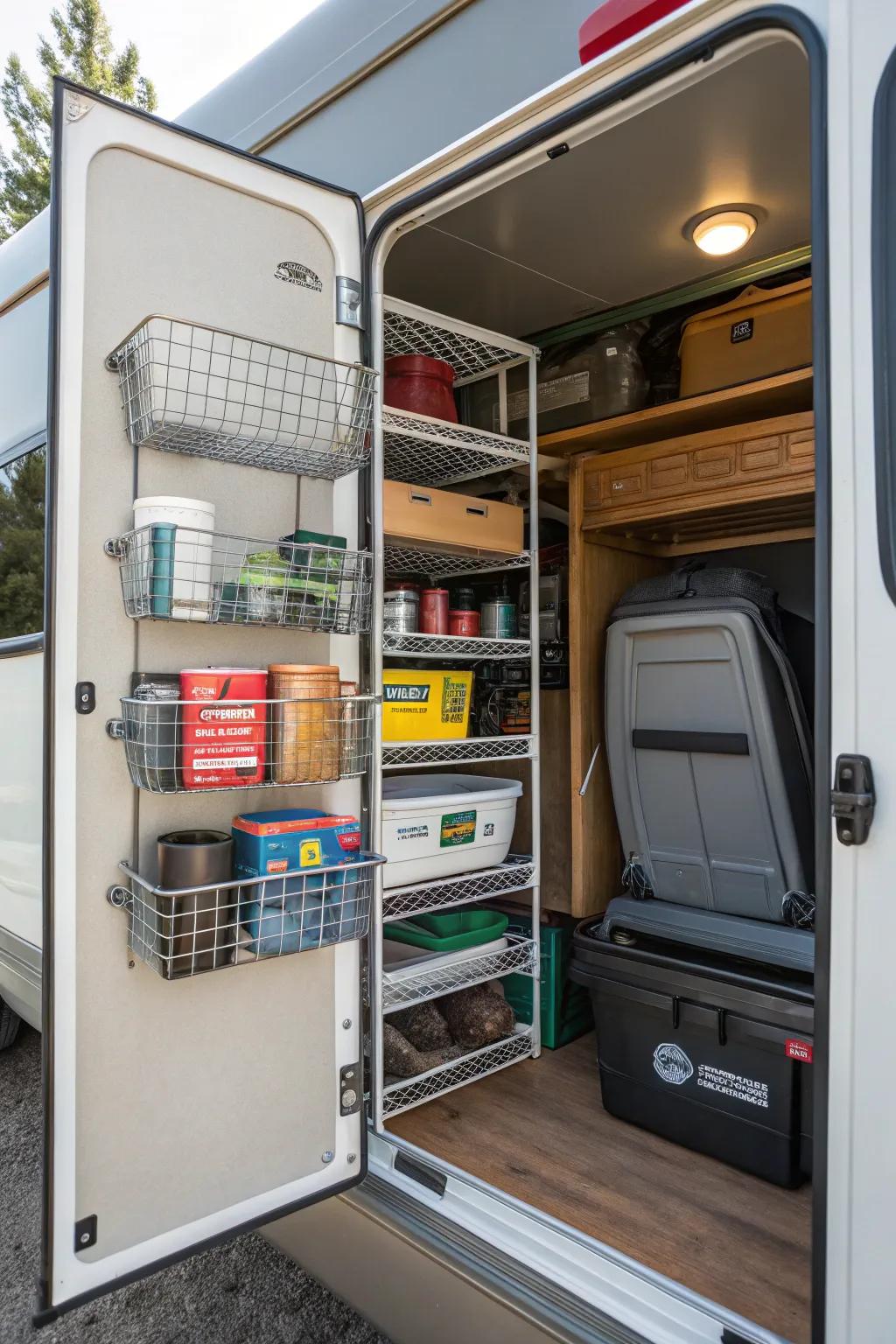 For an RV closet, wire cubbies offer long-lasting storage options.