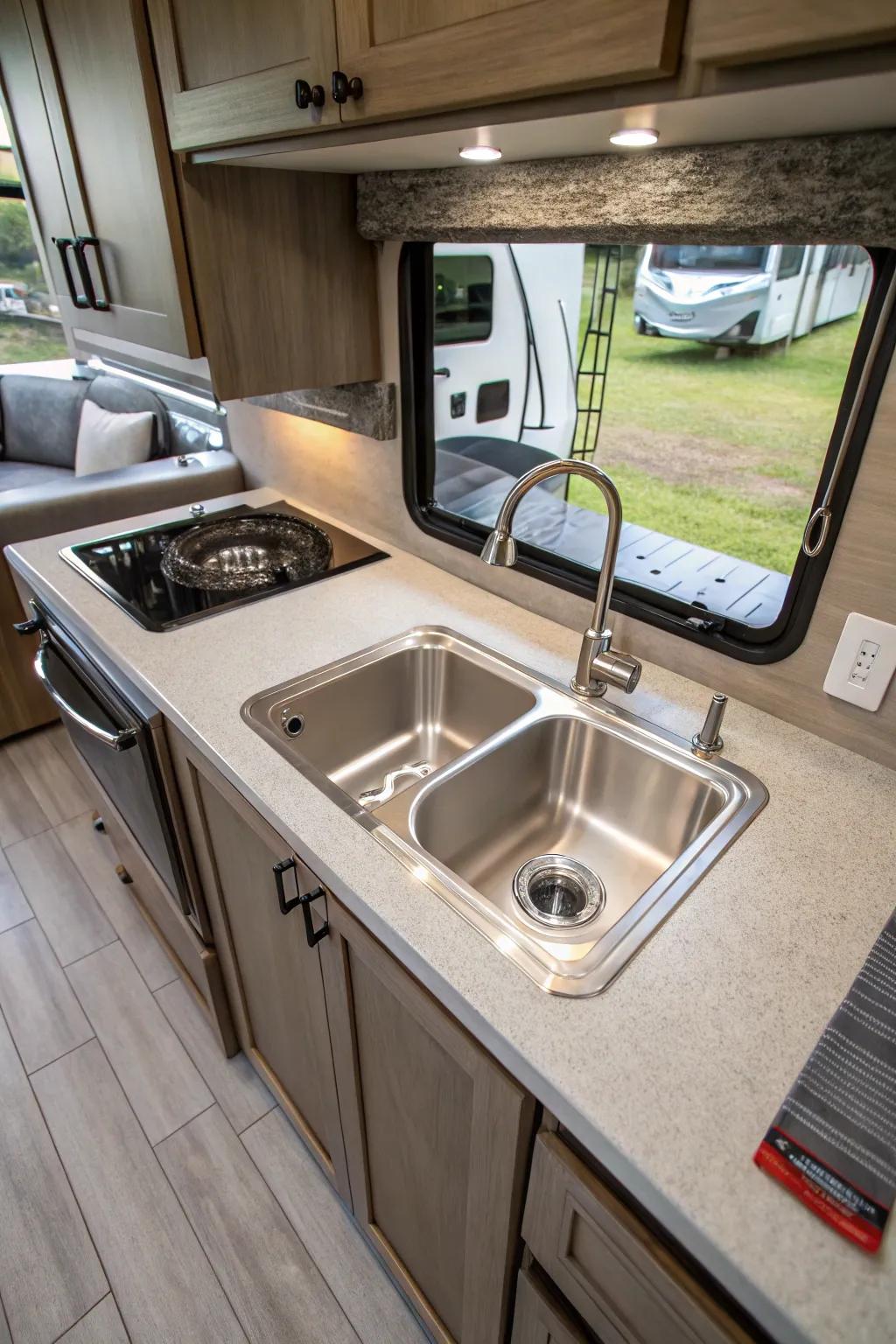 A top-mount basin for effortless installation in an RV.