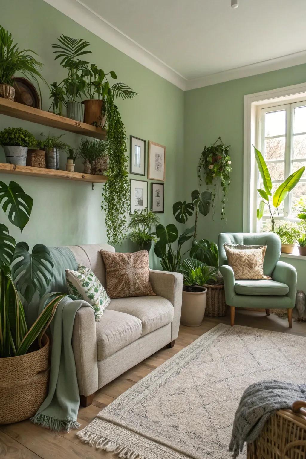 Potted flora bring life and energy to a sage green living space.
