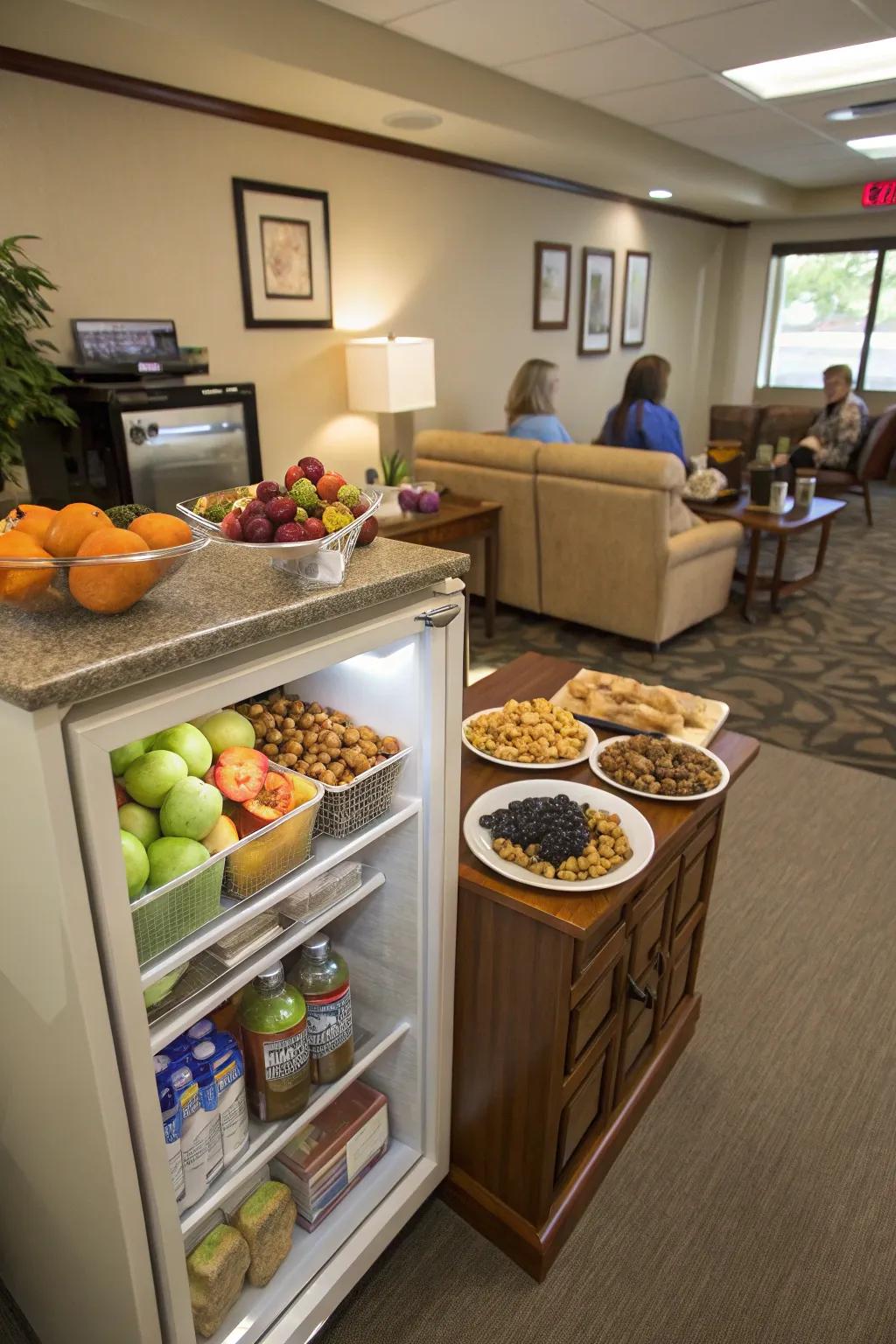 A snack station filled with nutritious selections sustains elevated energy levels.