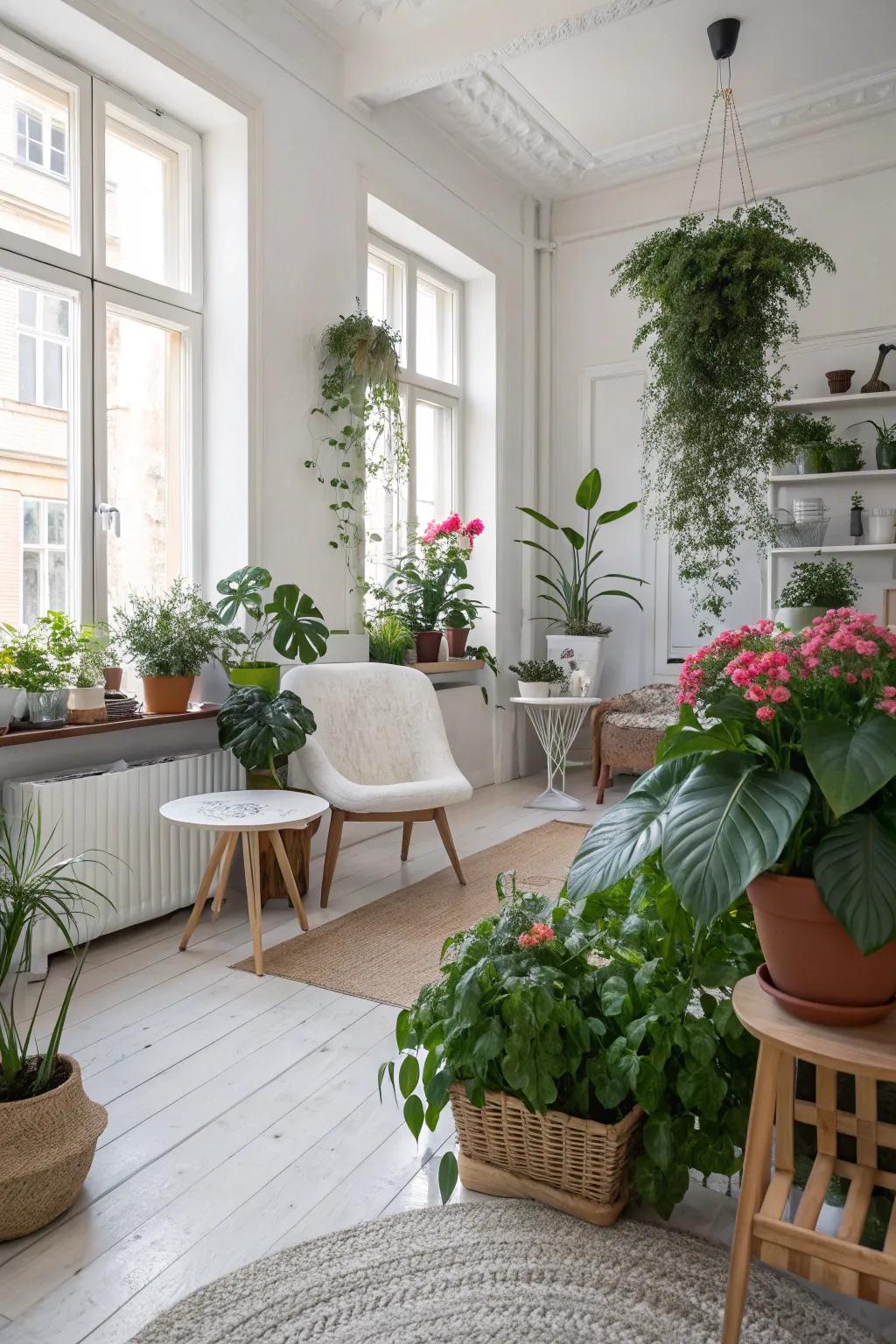Indoor plants liven up this Scandinavian setting.