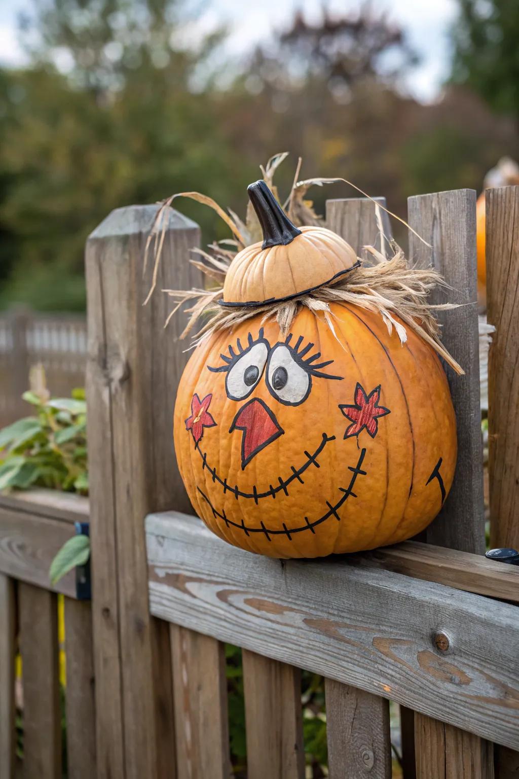 Whimsical eyebrows lend character to this scarecrow pumpkin.