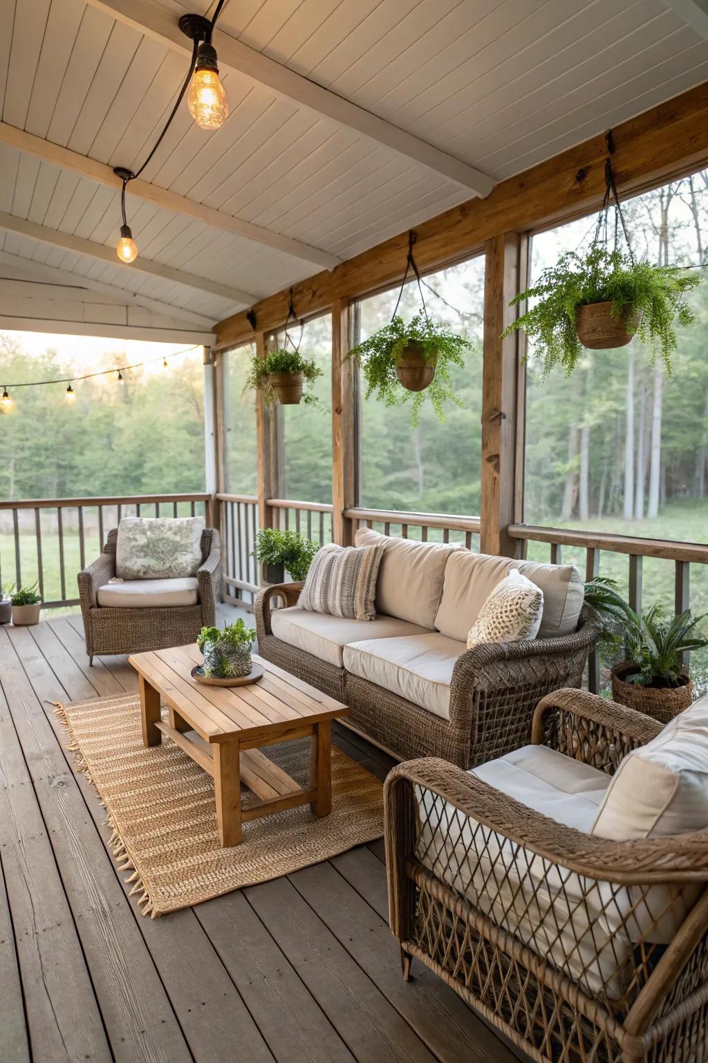 A veranda with a pastoral theme emanates warmth and charm.