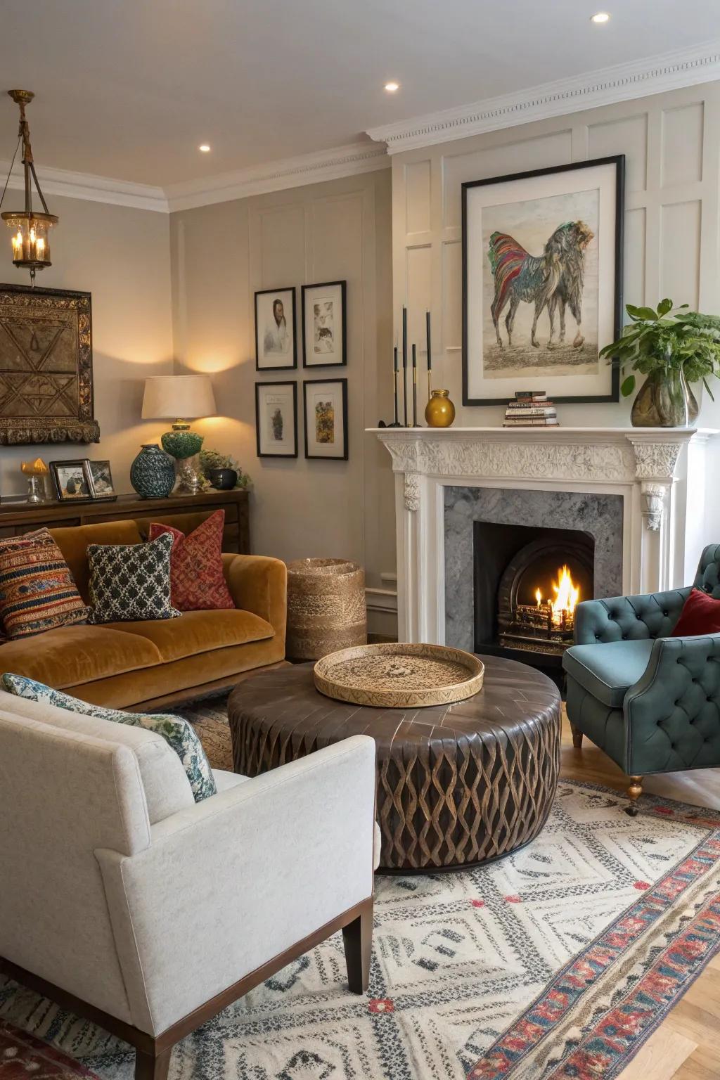 A mix of contemporary and traditional styles adds personality to the fireplace area.