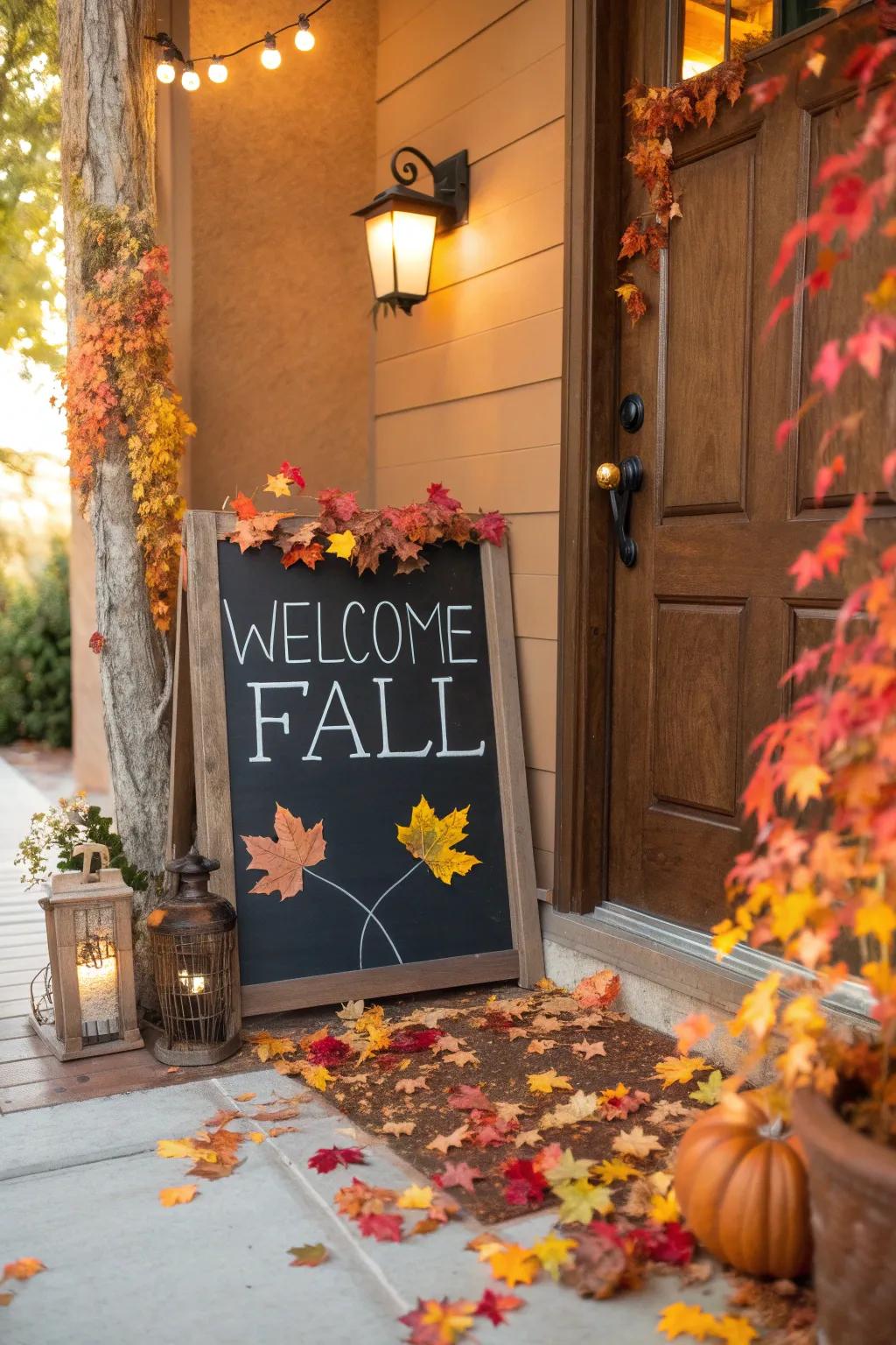 An inviting front door with a chalkboard note saying 'Welcome Fall' surrounded by fall leaves.