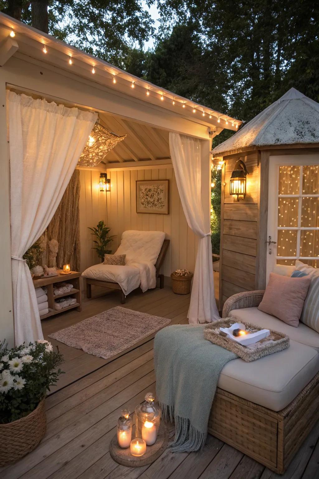 A relaxing she shed spa area for ultimate unwinding.