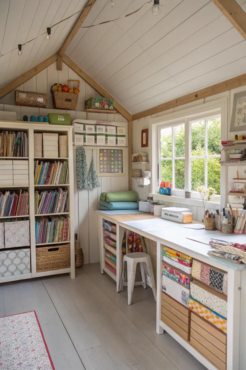 Organize a crafting corner in your she shed using clever storage solutions and a spacious work area.