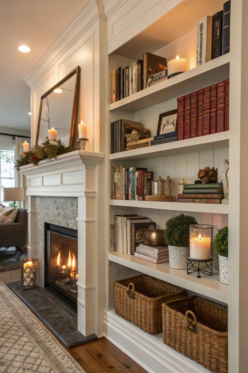 Shelves near a fireplace improve room functionality.
