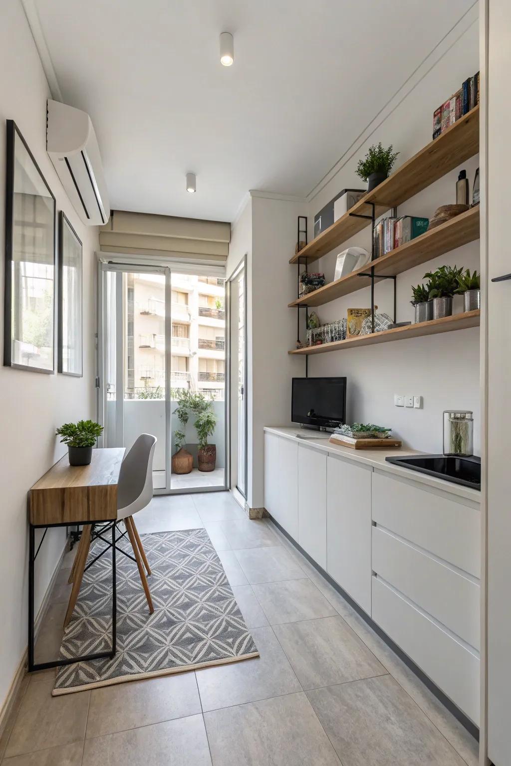 Wall-affixed shelves preserving floor space in a small apartment.