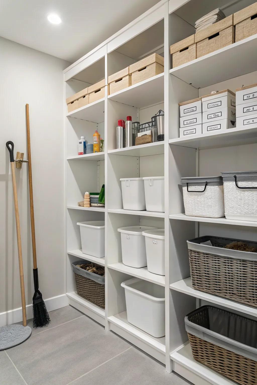 Minimalist white shelves in a utility area encourage a tidy and organized space.