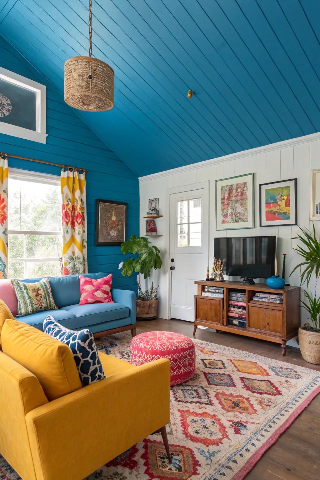 A striking blue shiplap ceiling contributing a unique touch to the space.