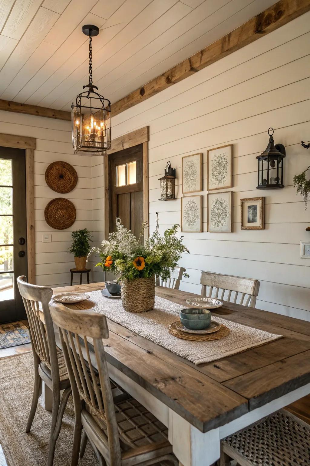 A country-inspired dining room with wood-panel walls.