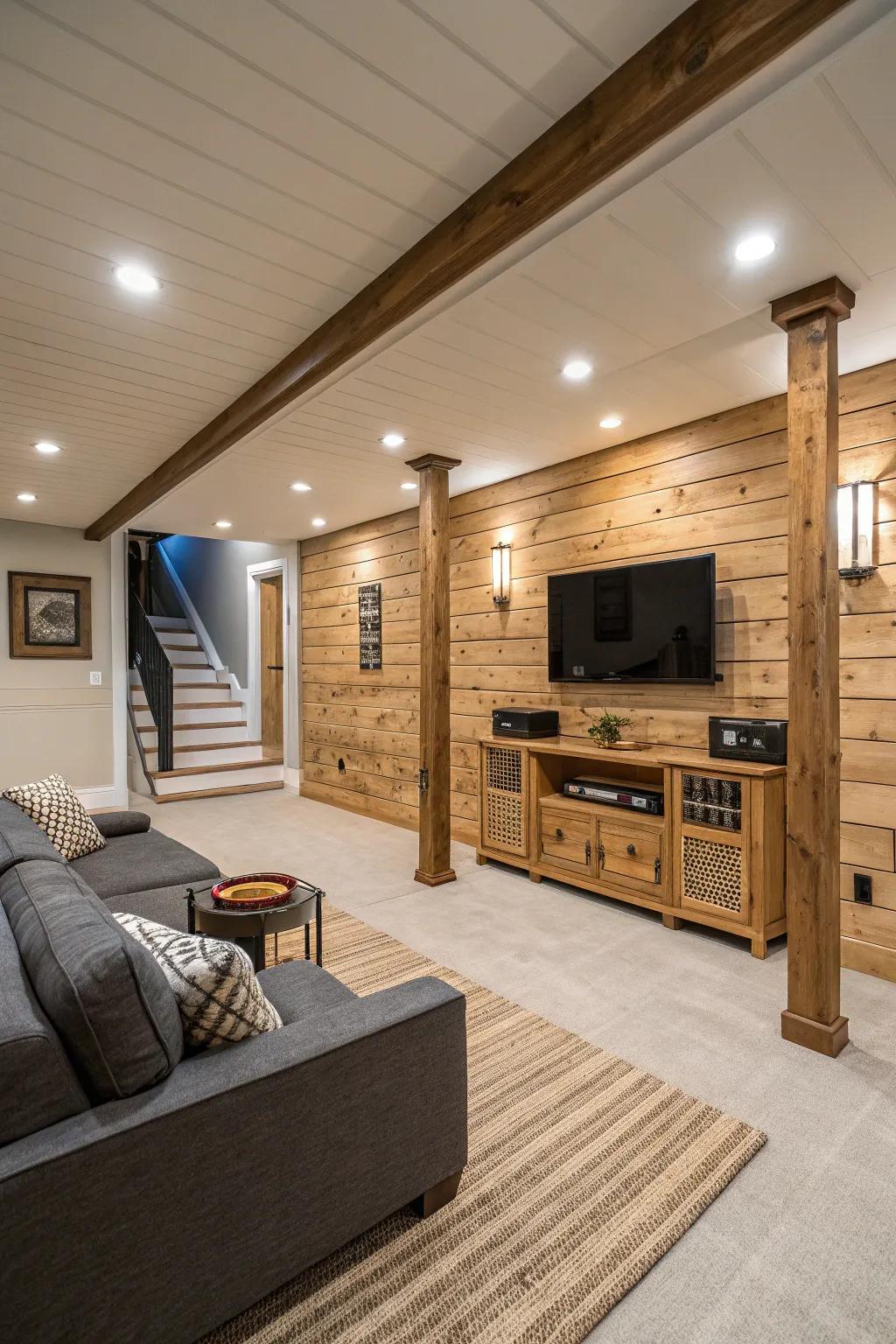 An open and airy basement look enhanced by shiplap.