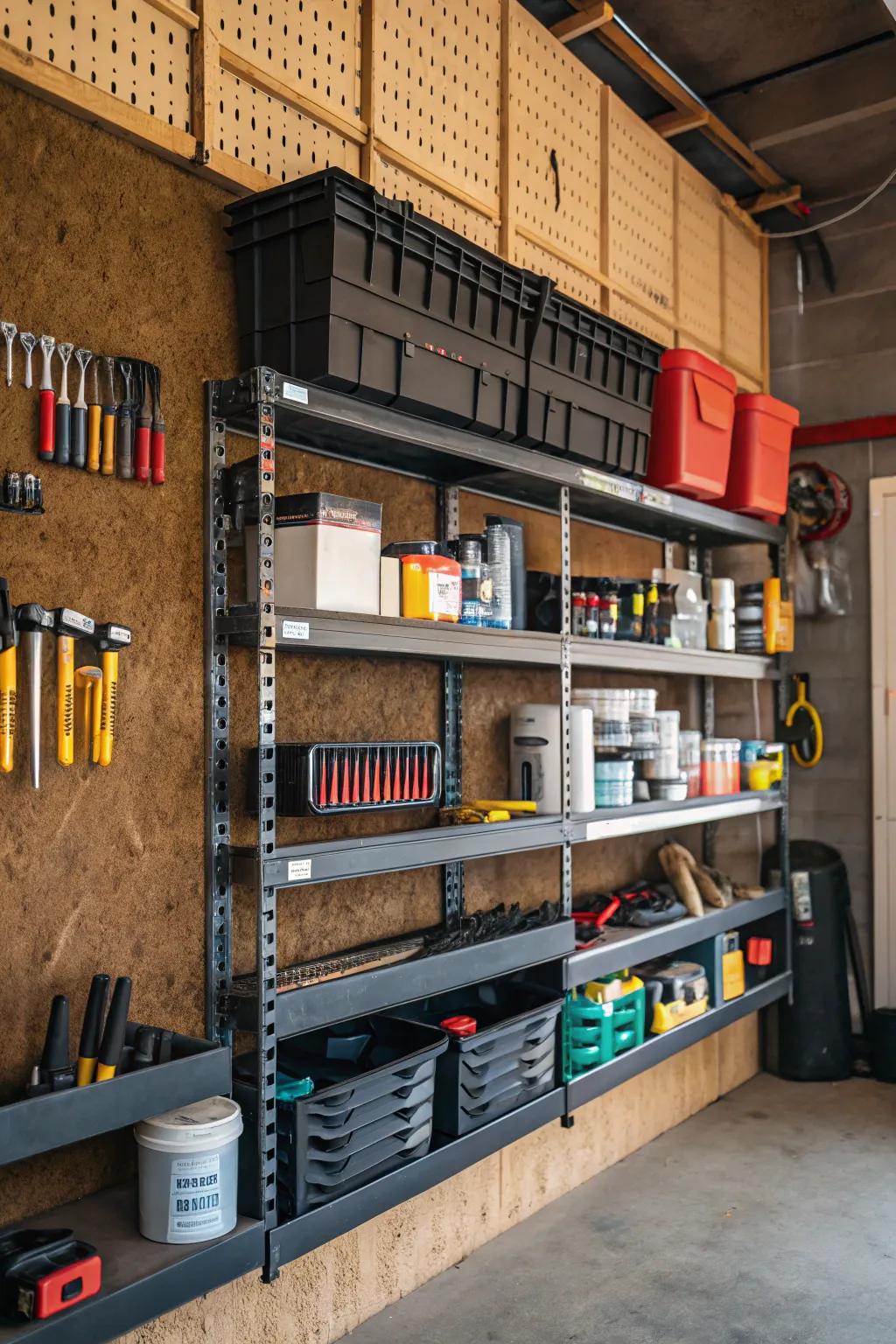 Shelving units packed with well-organized tools and supplies.