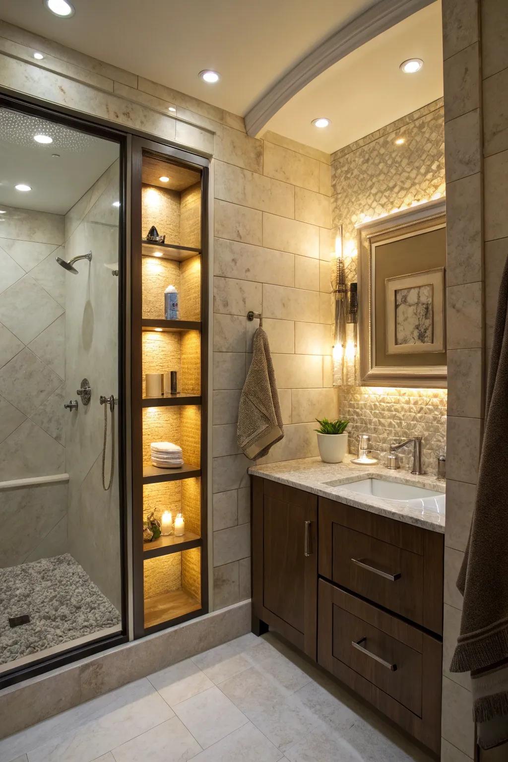 Illuminated shower recess featuring fitted lamps