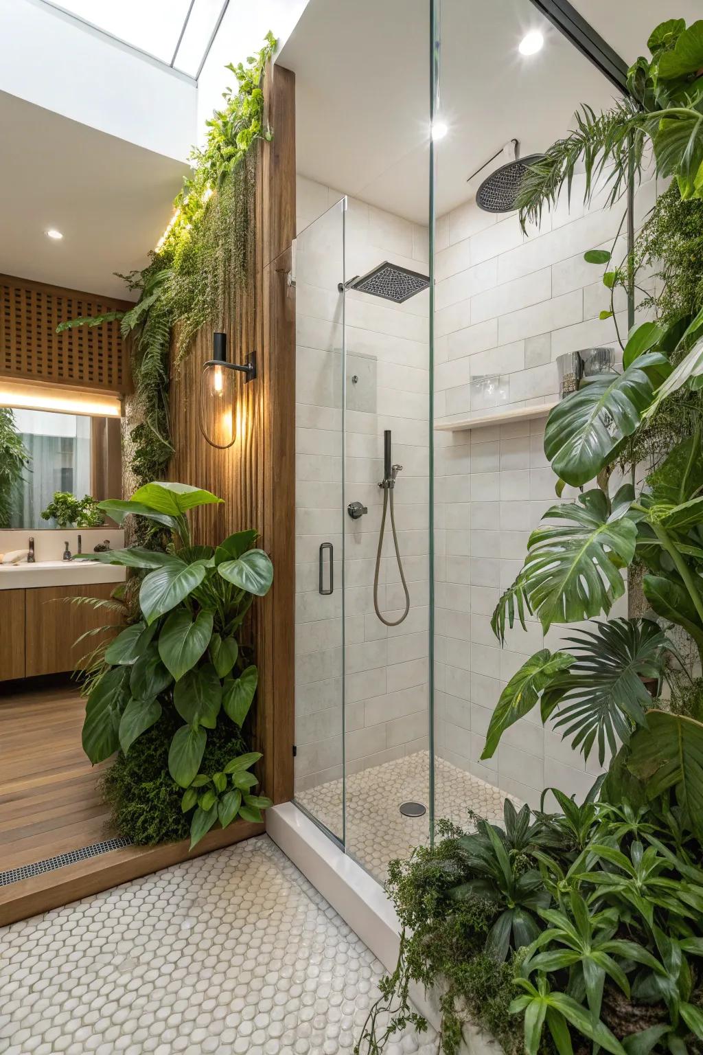 Greenery in the shower adds a refreshing and raw vibe.