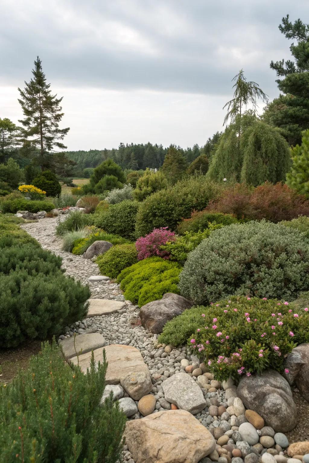 A naturalistic garden features a seamless blend of bushes and stones, creating a serene outdoor space.