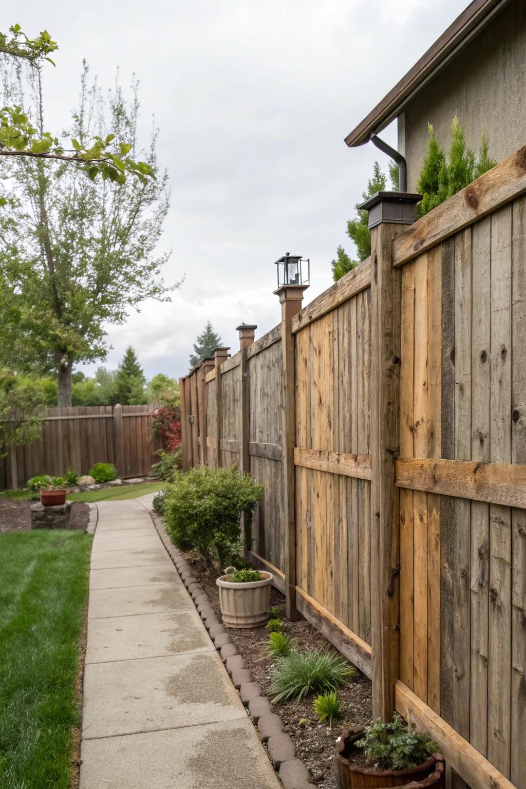 Sustainable side yard featuring a repurposed wood enclosure.