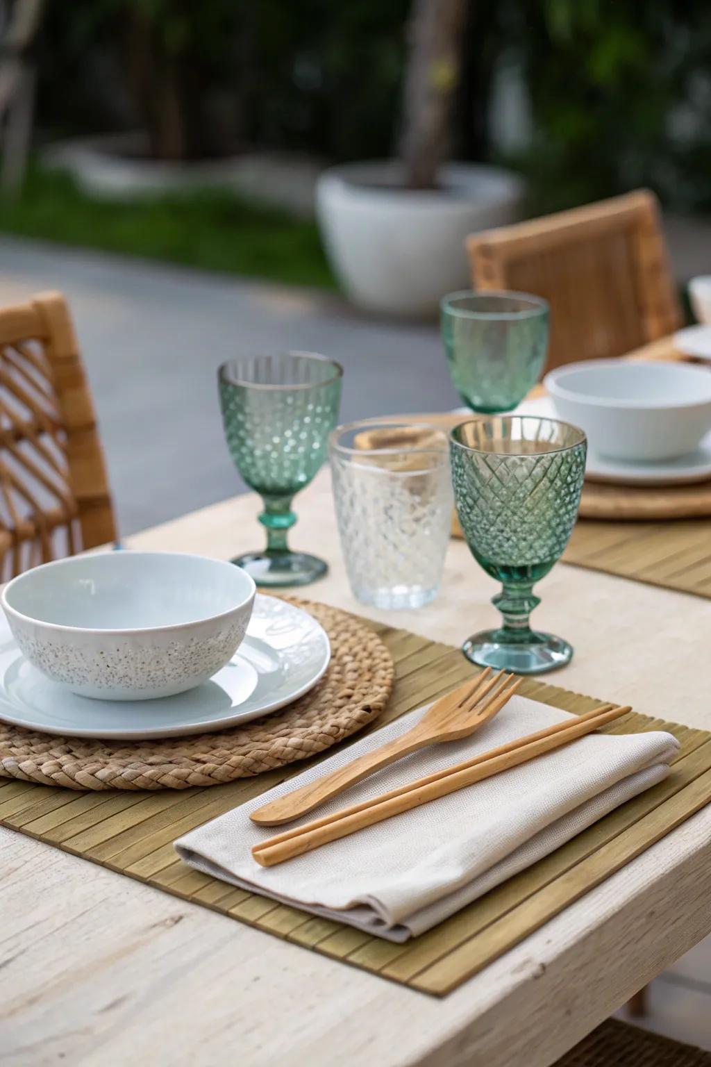 Eco-conscious glassware and utensils highlight a dedication to sustainability at the table.