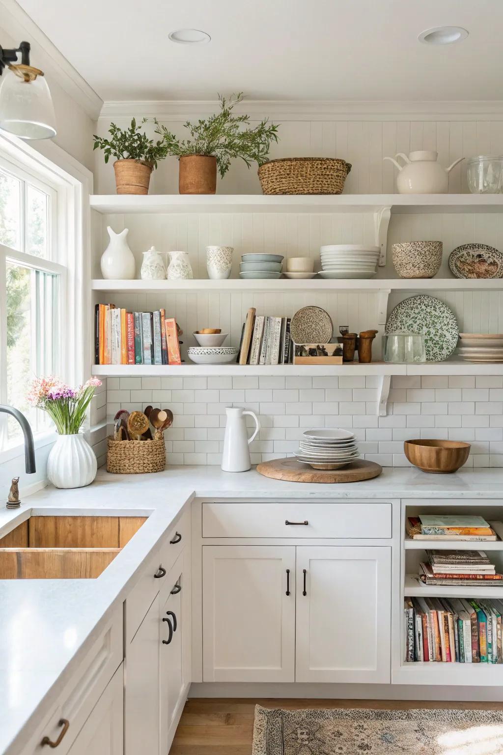 Open shelving that combines functionality with decorative appeal.