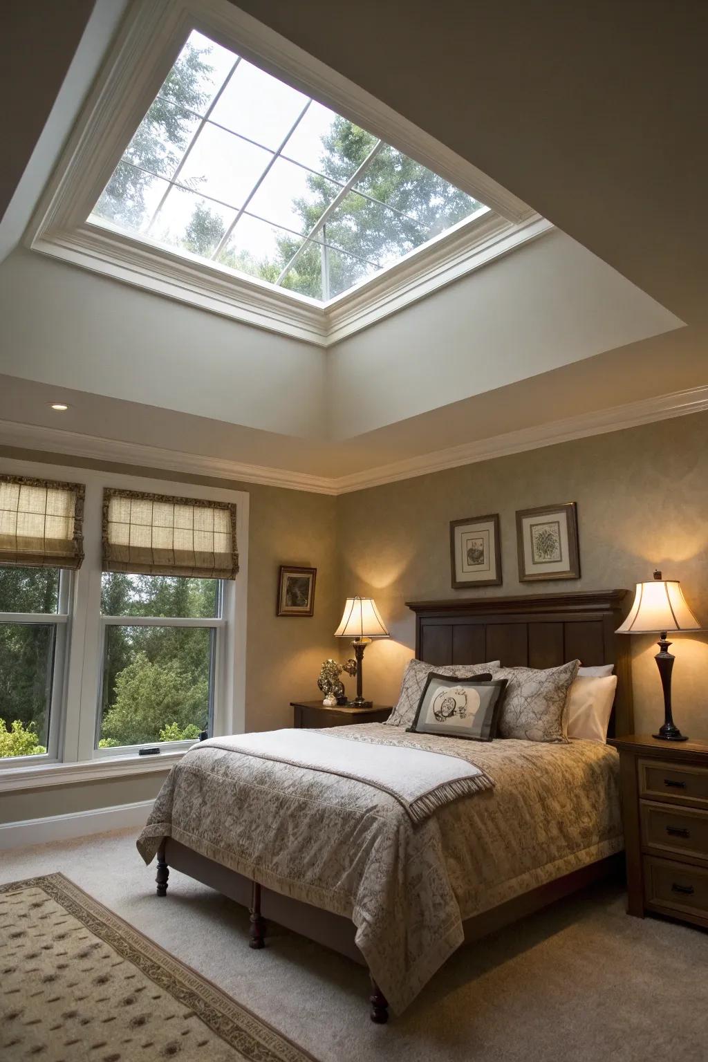 A bedroom featuring a skylight and trim that make a false ceiling.