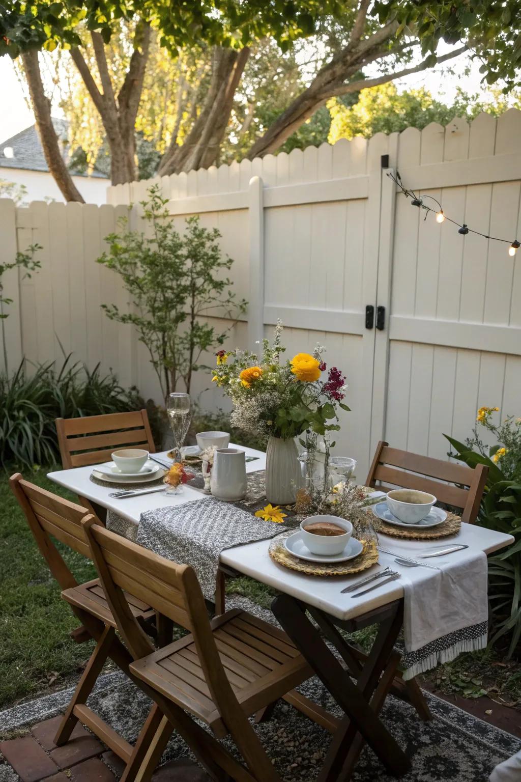 Relish meals in the open air with a cozy dining setup.