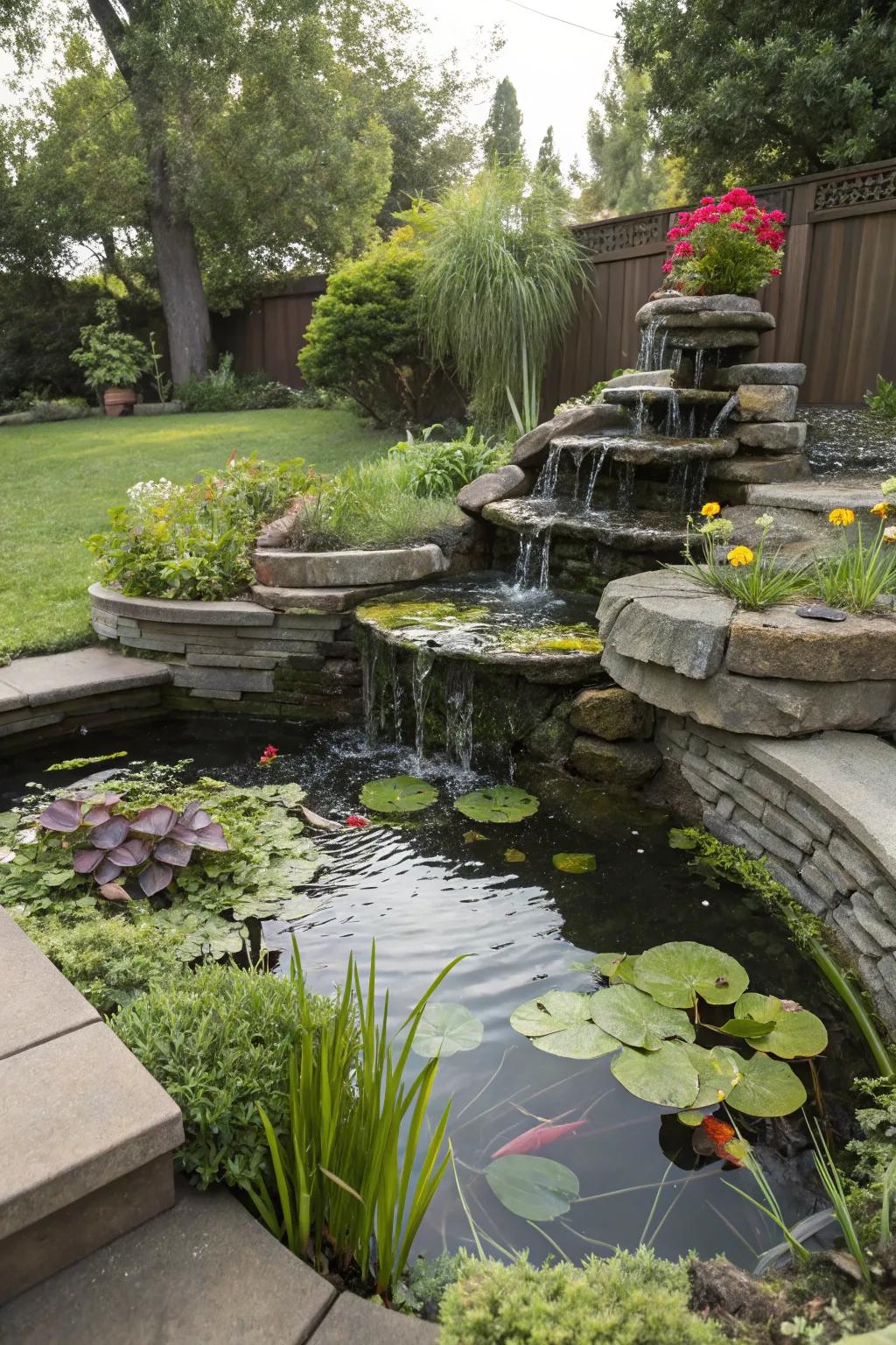A multi-tiered pond design adds levels and dimension to a confined area.