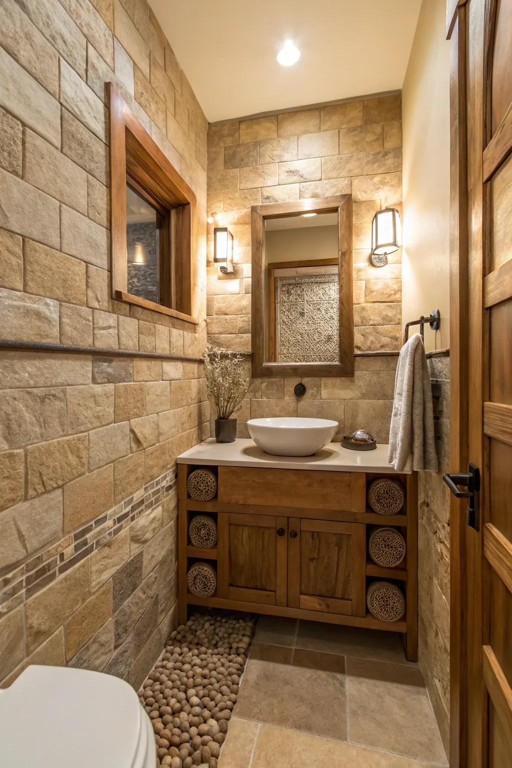 Stone tiles foster a tranquil, nature-inspired setting.