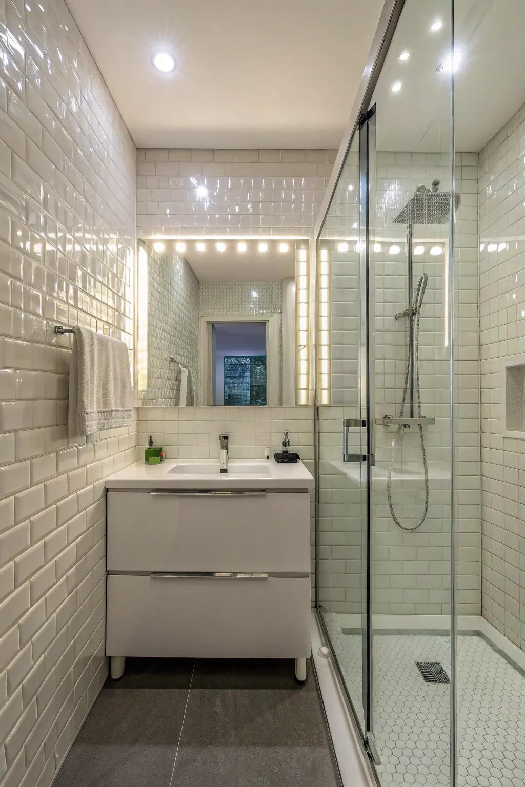 Glossy tiles reflect light, making small bathrooms feel larger.