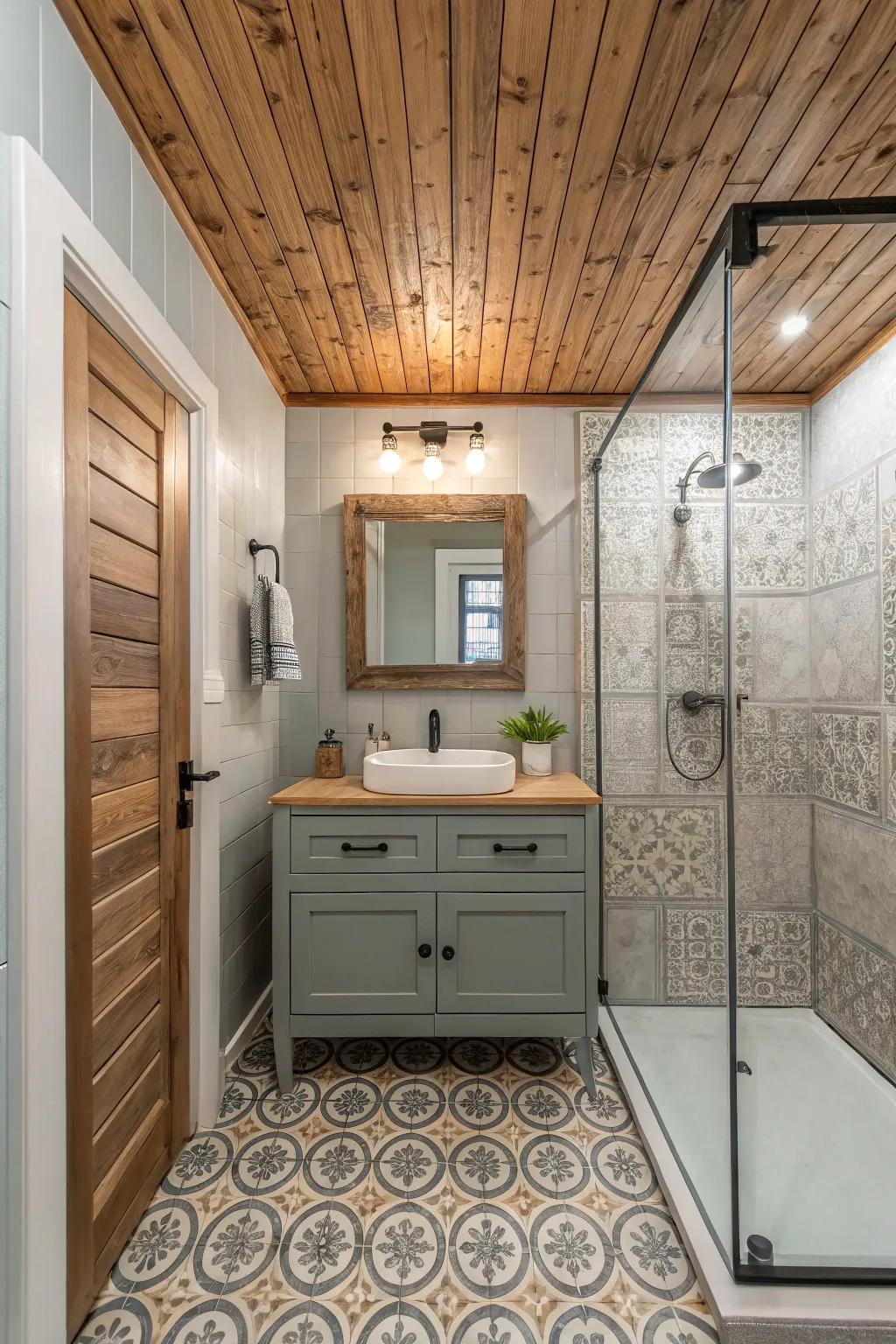 Textured boards add depth and interest to the roof.