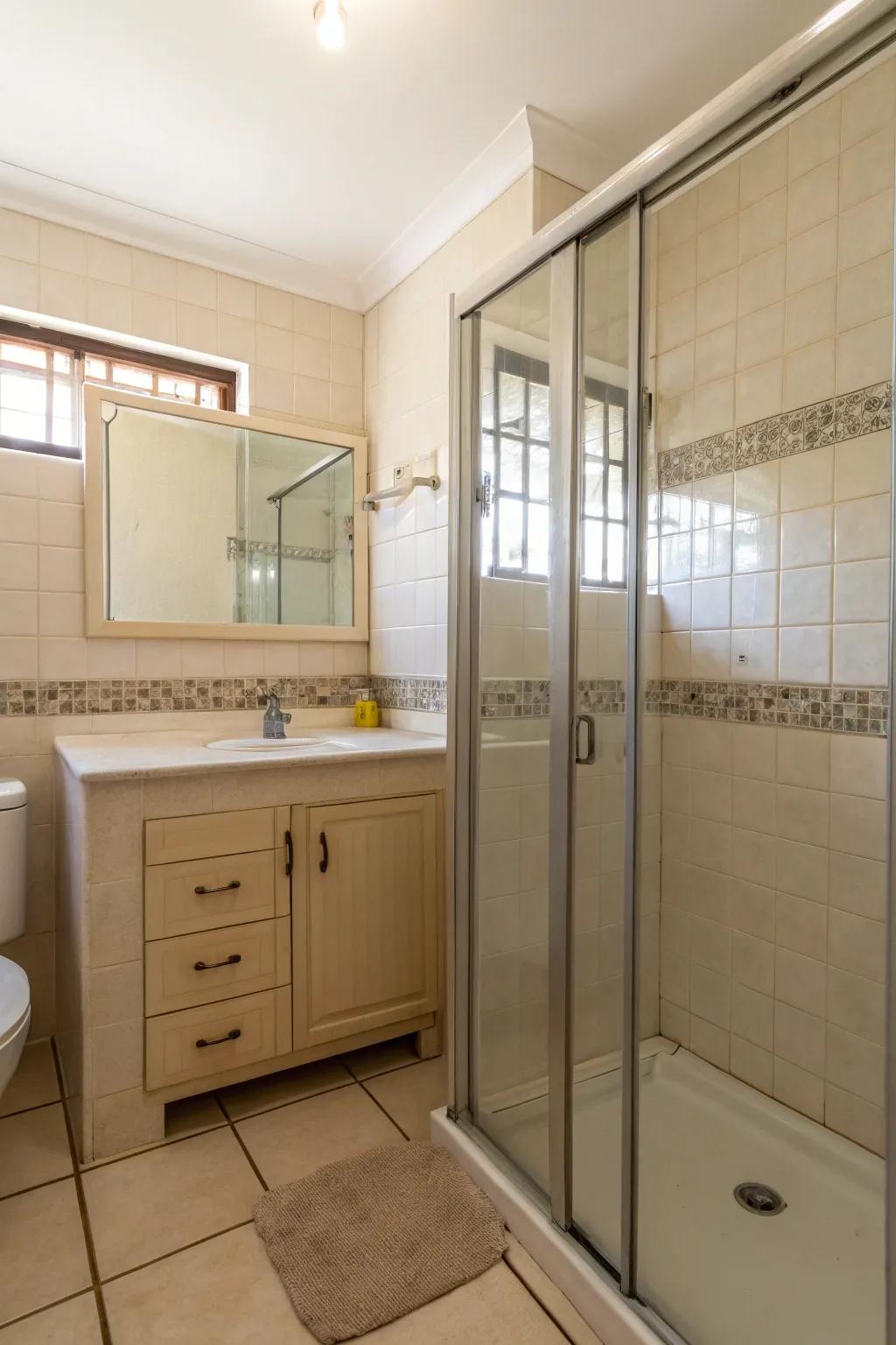 A compact bathroom using a continuous glass shower enclosure.