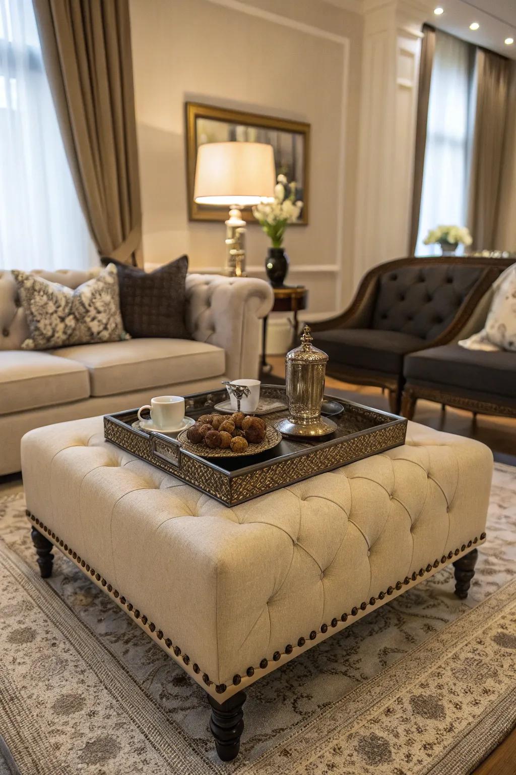 Ottomans featuring trays fuse comfort and utility seamlessly.