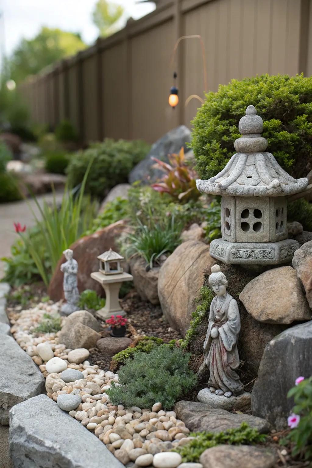 Garden ornaments infuse character into a small rockery.
