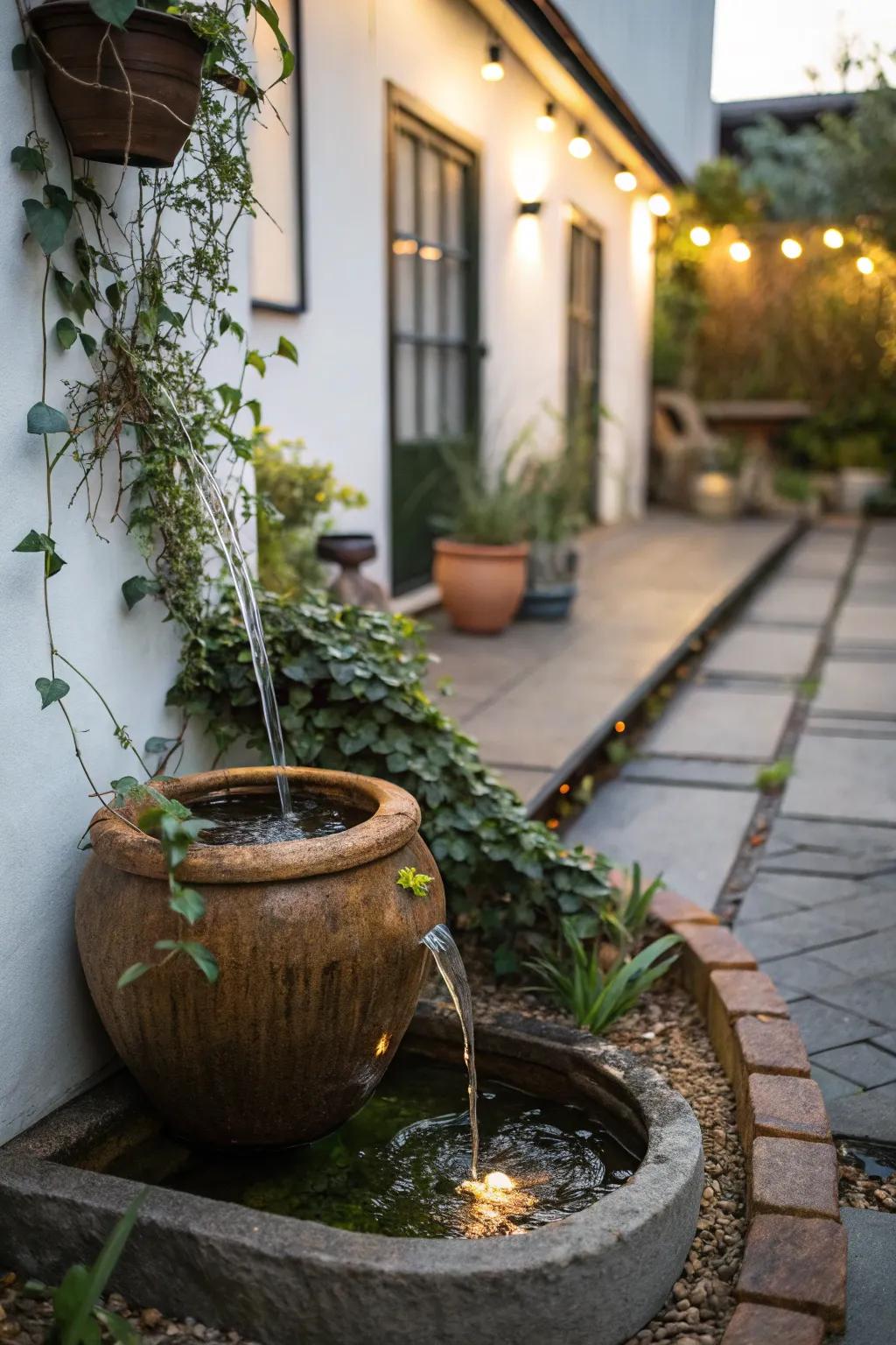 A simple aquatic feature lends calmness to a courtyard.