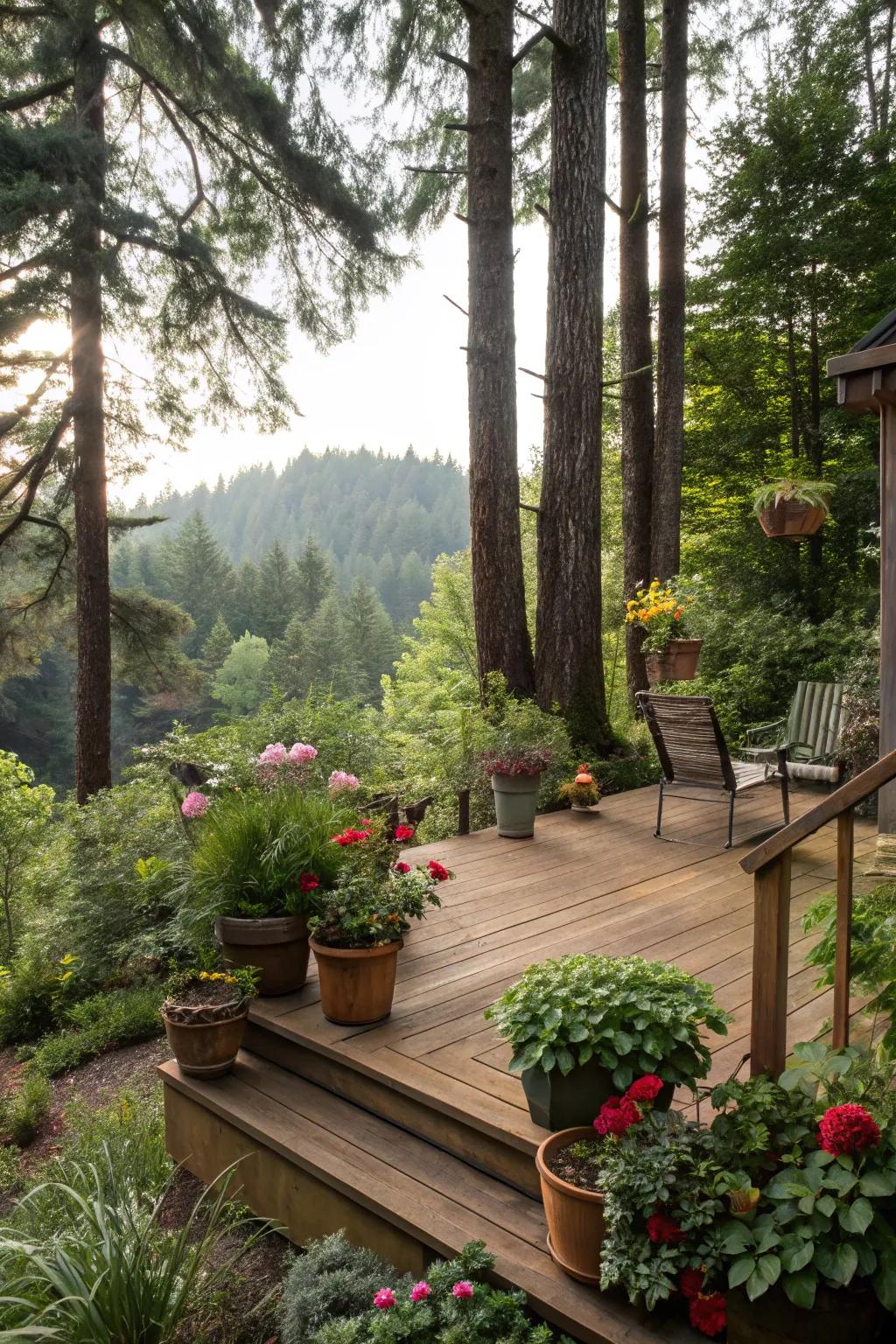 A small deck snuggled within a lush garden.