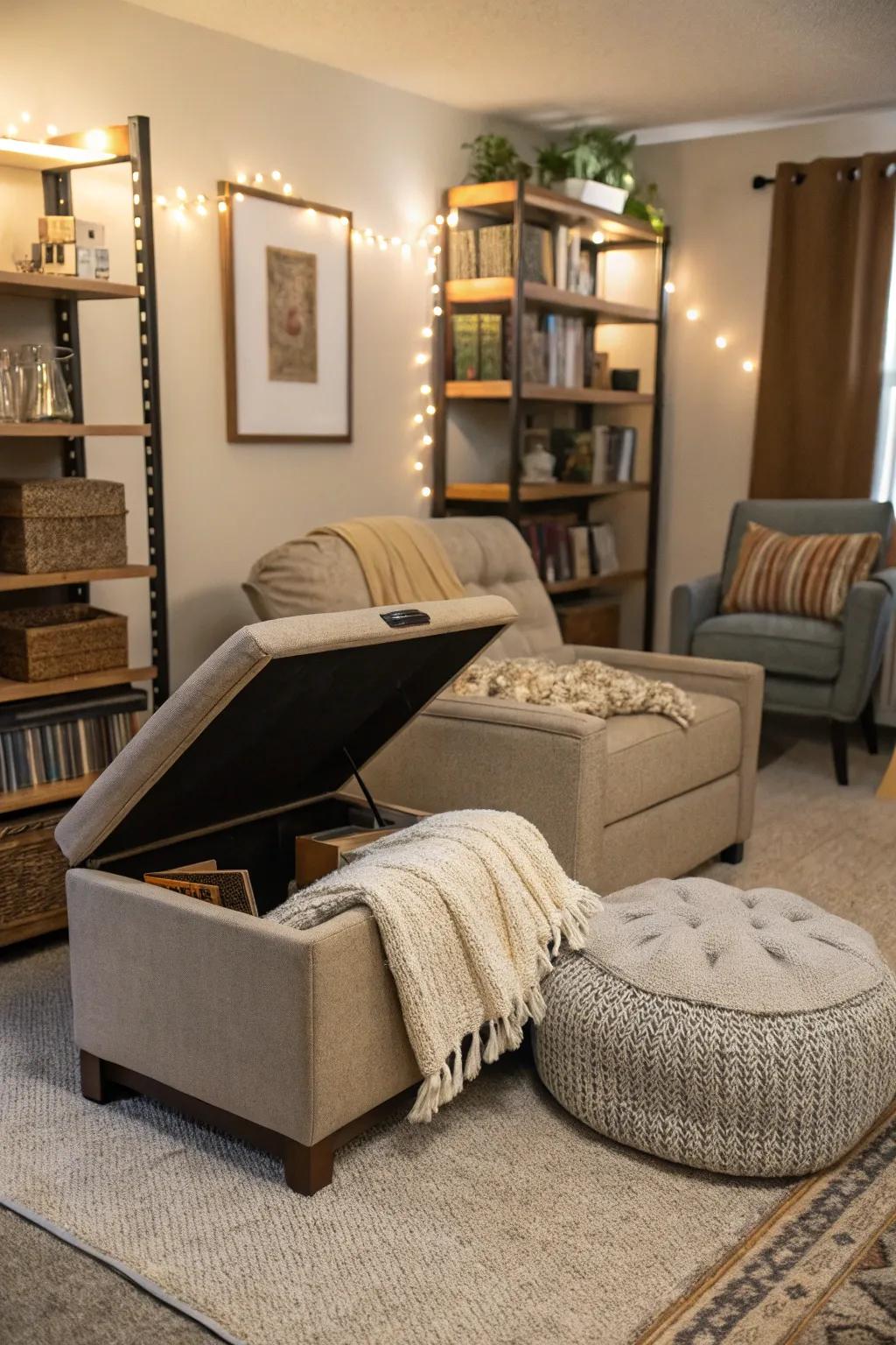 Multiuse furnishings optimize space and utility.