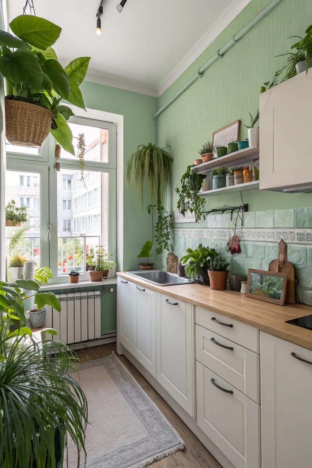 Green shades bring a refreshing touch to kitchen areas.
