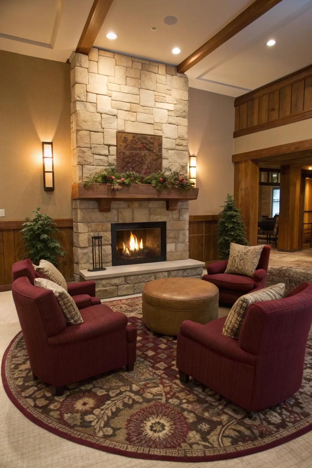 An engaging seating arrangement near the fireplace encourages cozy conversations and relaxation.