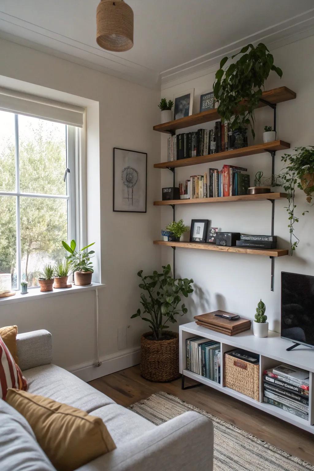 Wall-mounted shelves keep your decor elegantly structured.