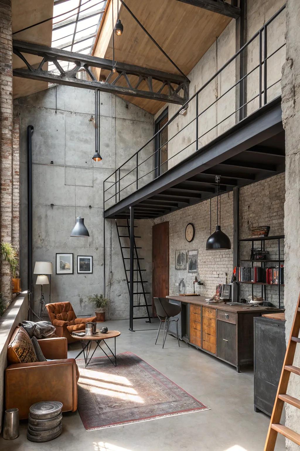 Industrial elements contribute a modern touch to the loft.