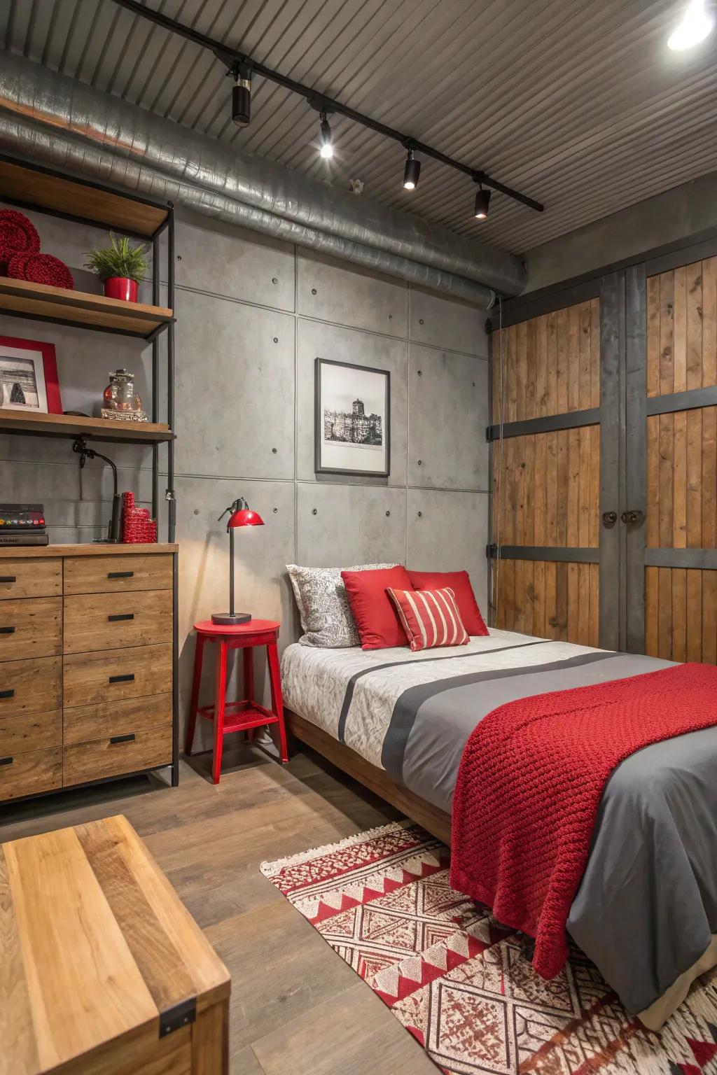A compact bedroom with a blend of wood and metal textures complementing the scarlet and charcoal color scheme.