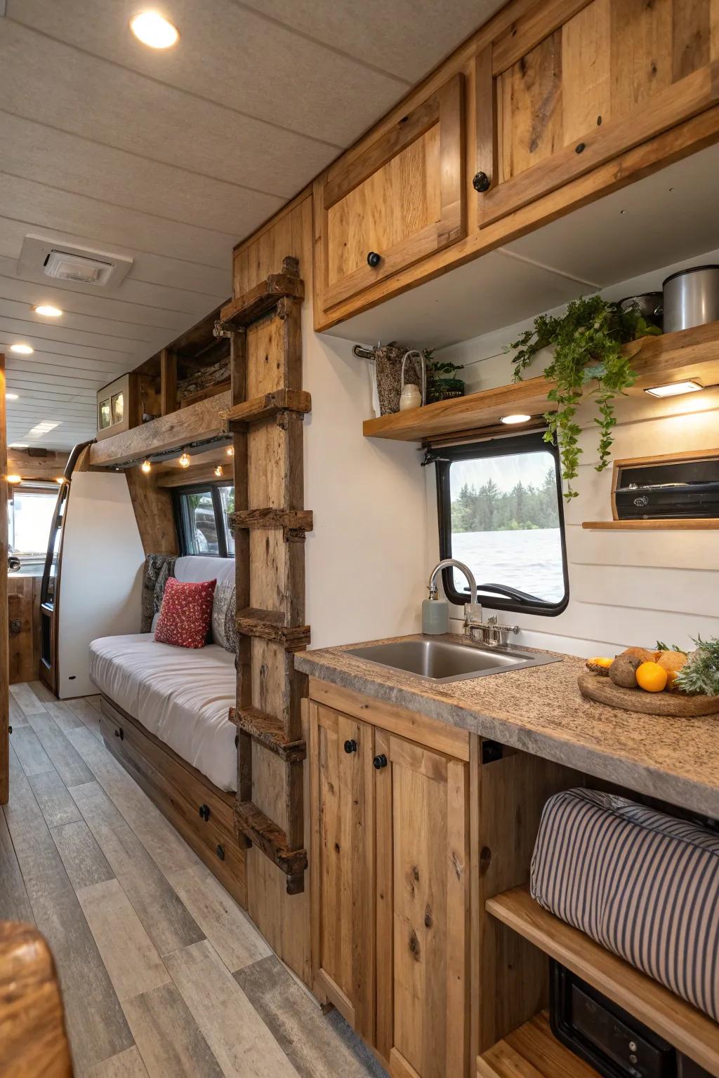 Native aspects like wood bring heat and character to your RV.