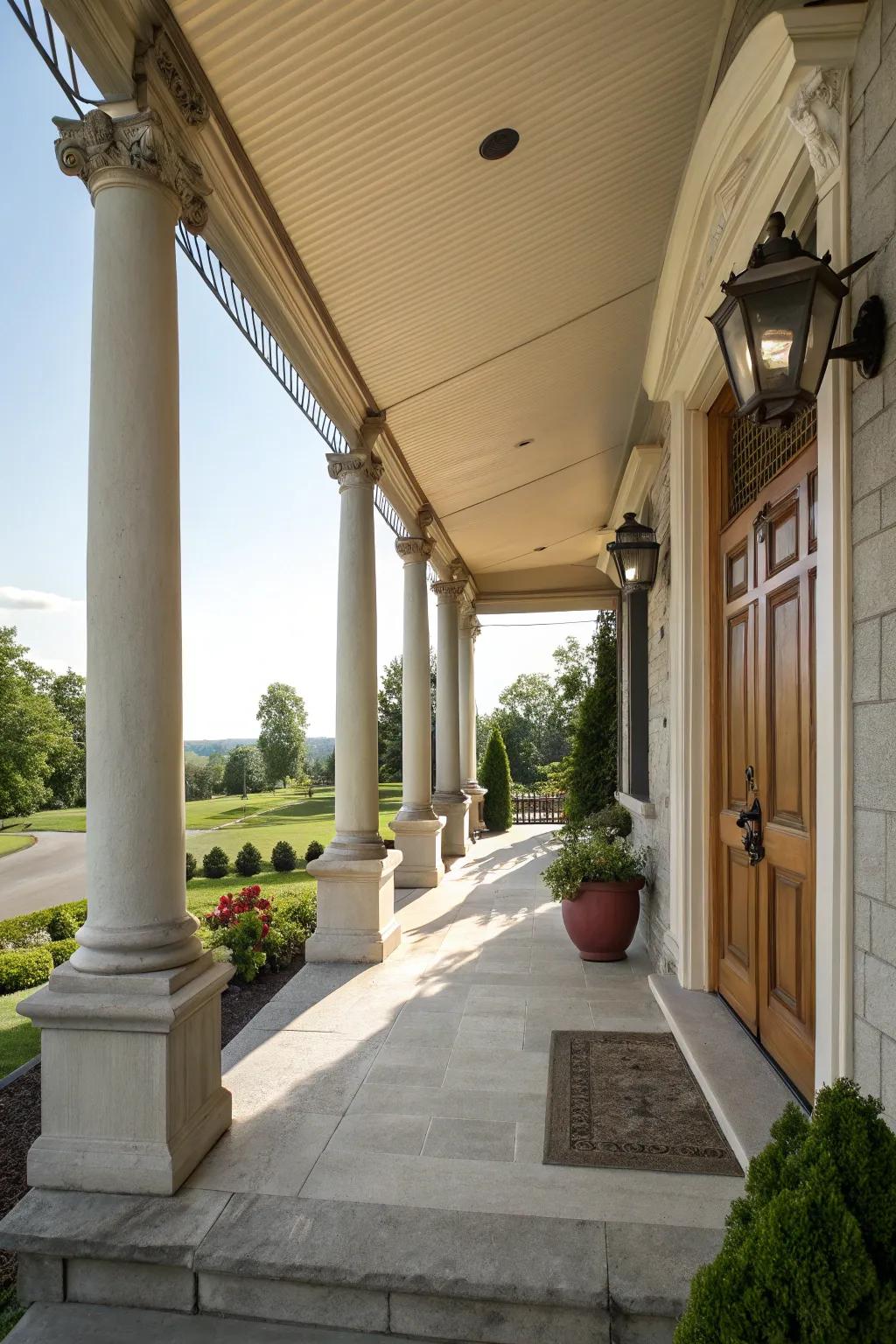 Side porch featuring architectural columns and a protective awning.