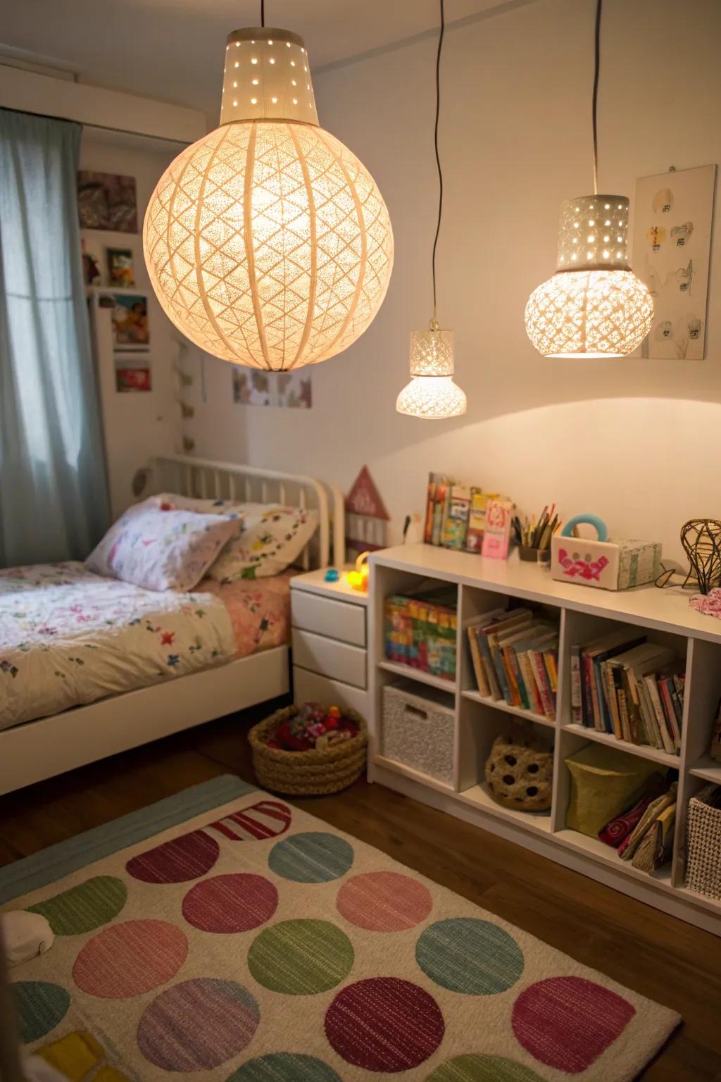 Suspended lighting frees up area and adds cozy illumination.