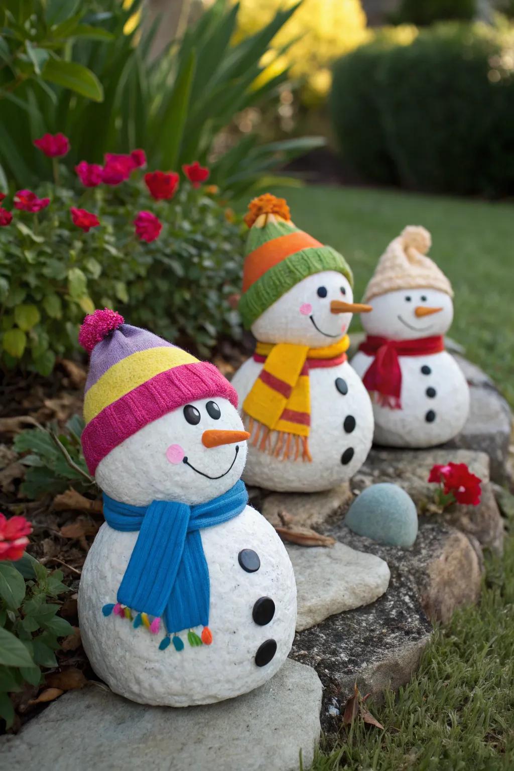 Painted stone snow figures add a whimsical detail to any area.