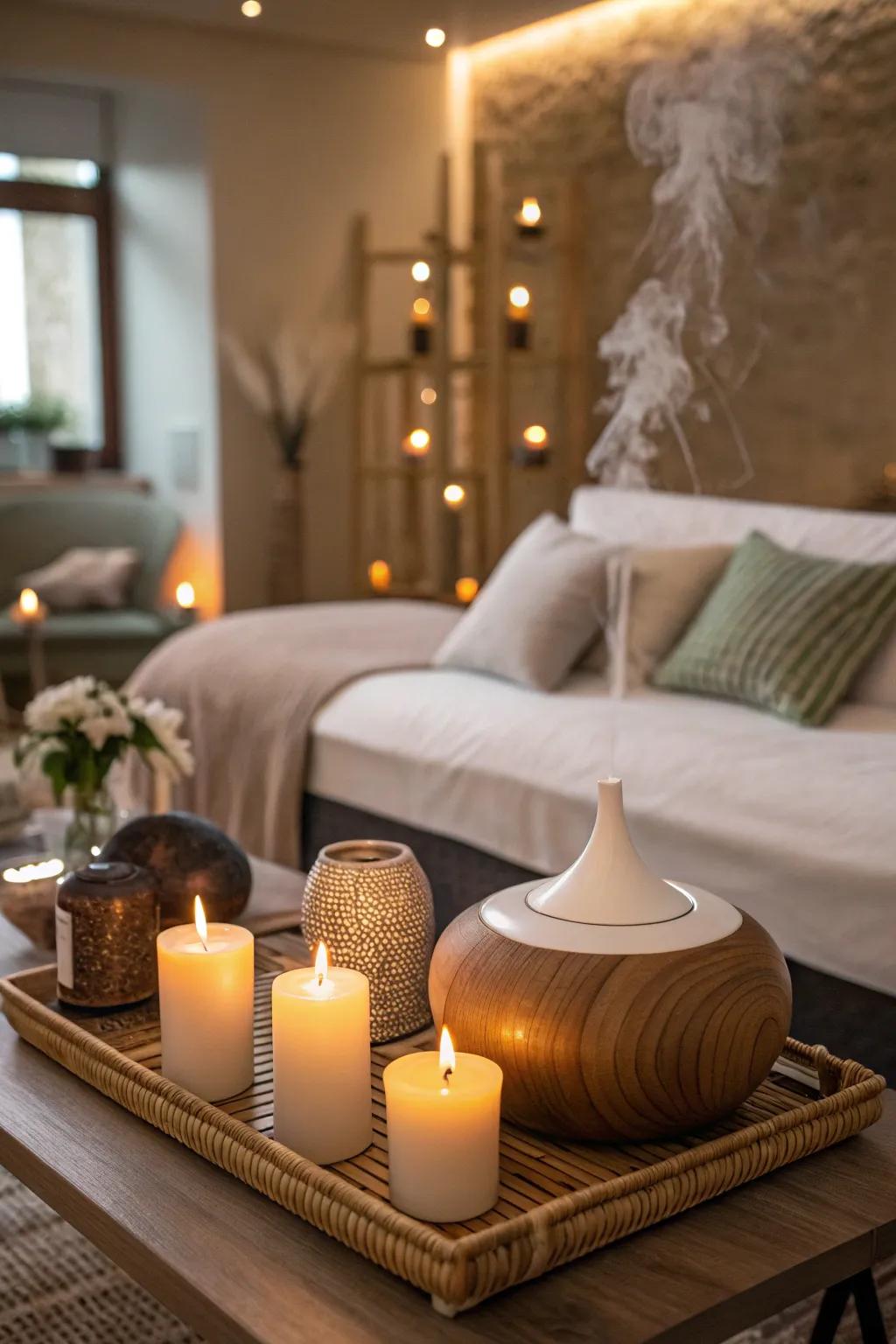 Scented flares and fragrance therapy establish a mood conducive to unwinding.