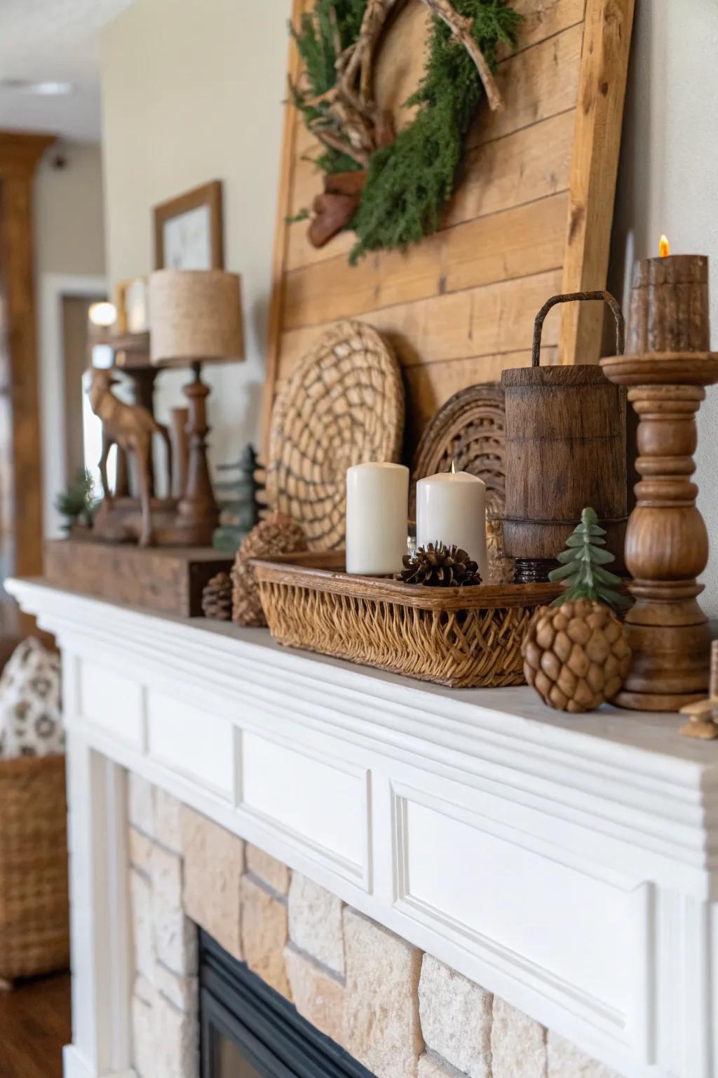 Country-inspired details bring warmth and character to the mantel.